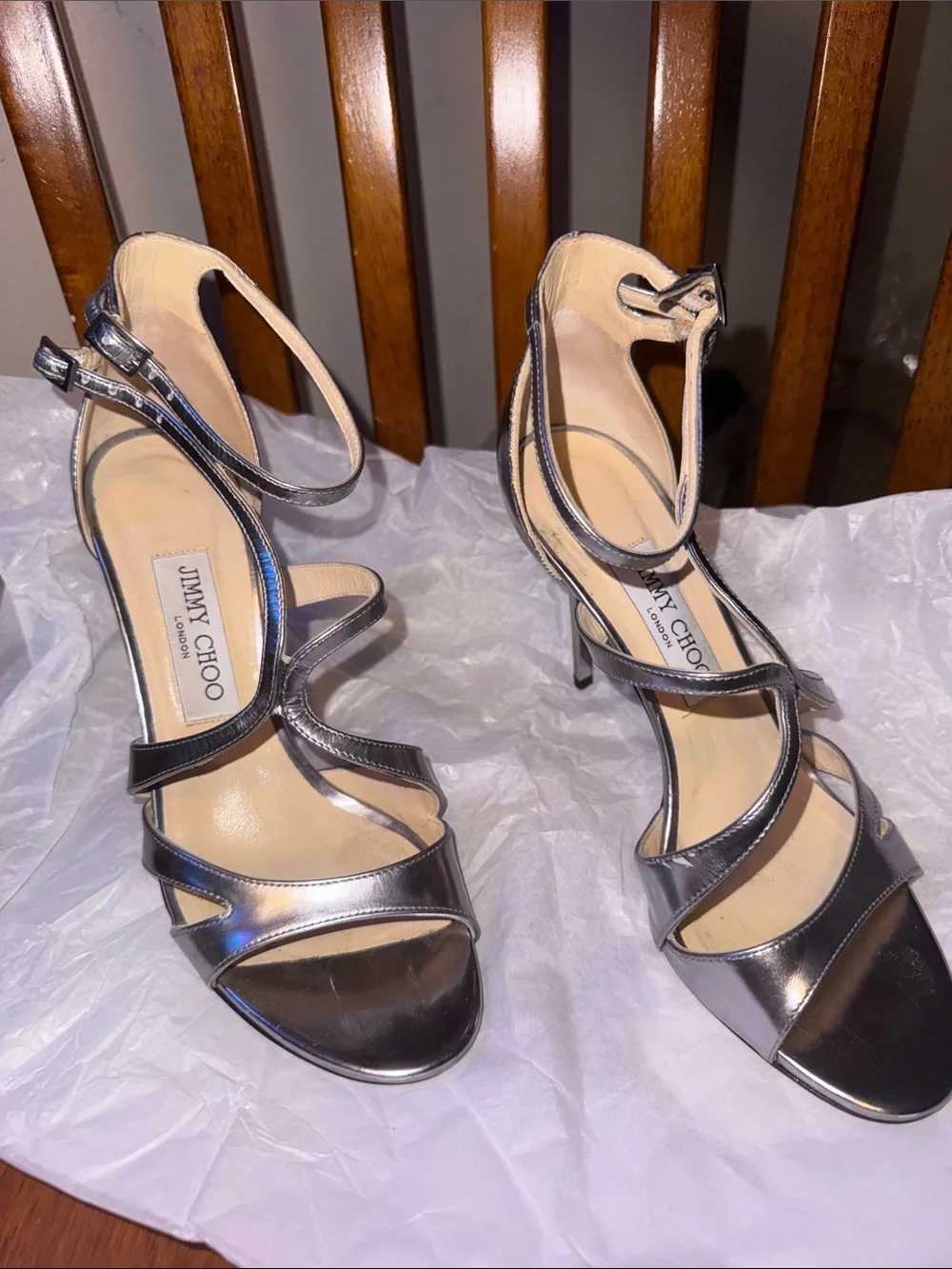 Jimmy Choo Metallic Silver Strappy Stiletto Sandals size 38